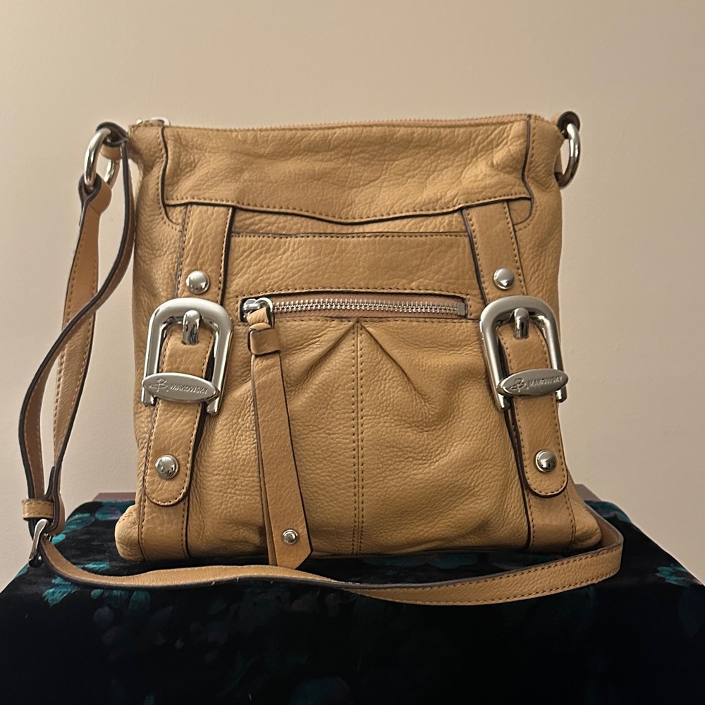 B. Makowsky Tan Crossbody Bag with Silver Buckles